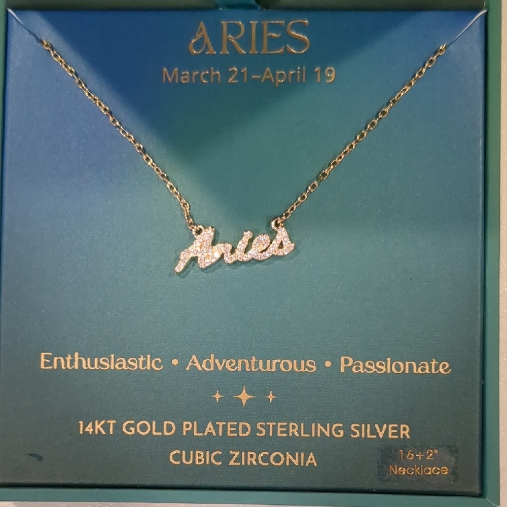 Olivia and Jackson Aries Script Necklace - Gold Plate with Cubic Zirconia - Picture 2 of 4